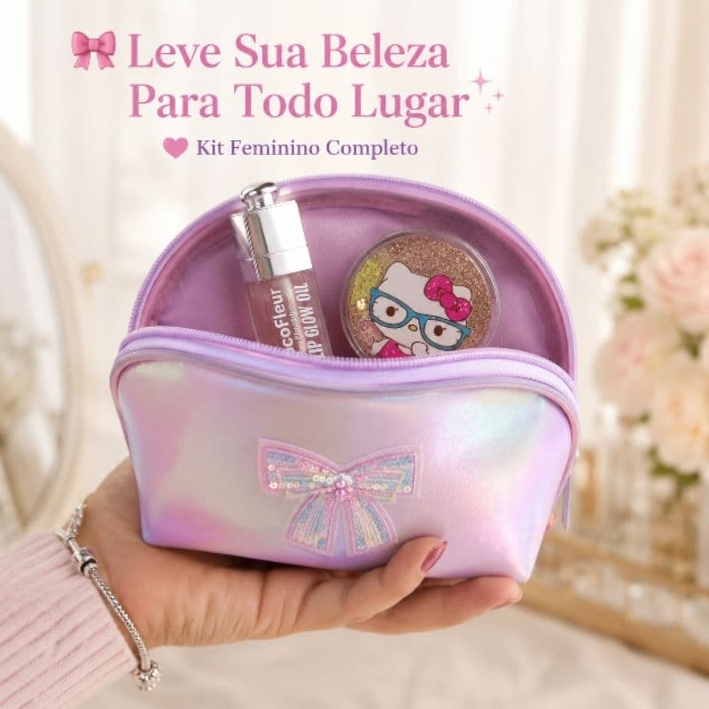 Kit Necessaire Feminina Holográfica com Gloss Labial e Espelho Portátil Fofo Kawaii