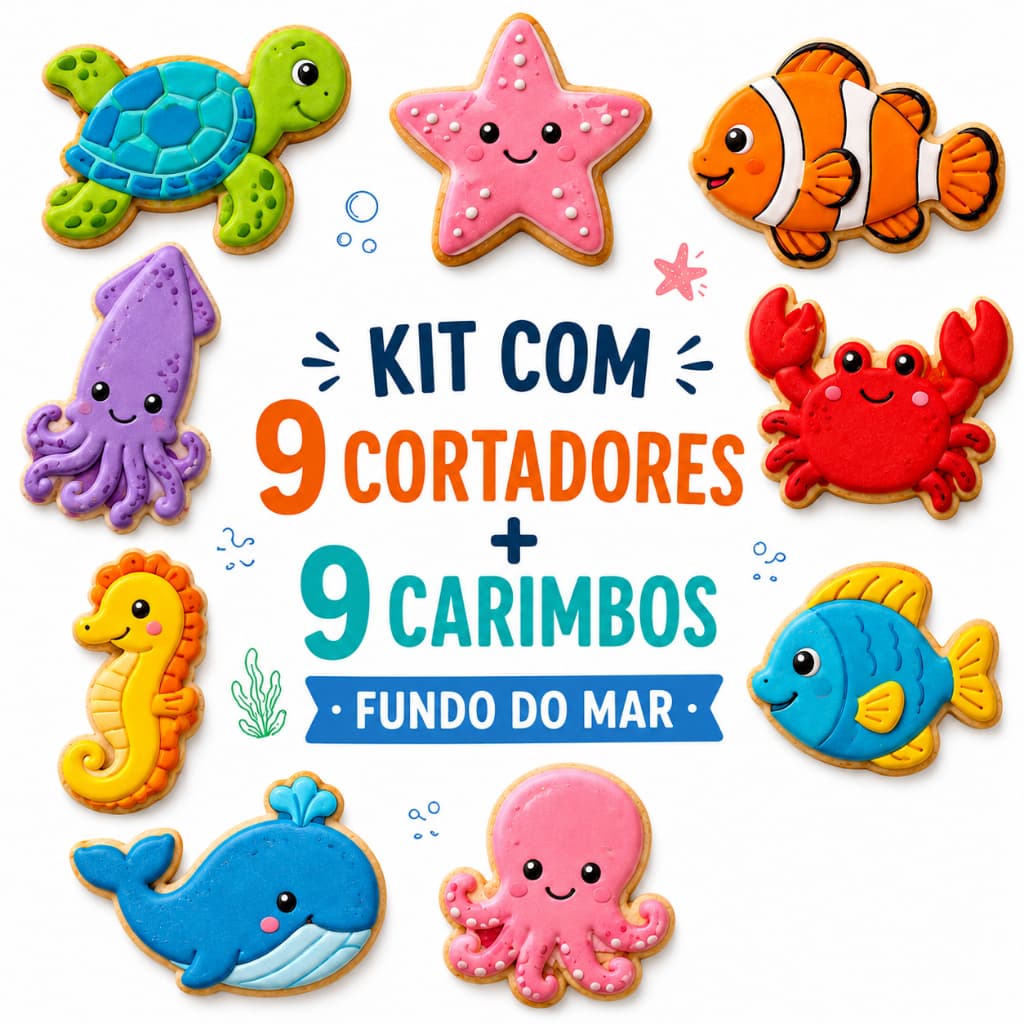 Kit 9 Cortadores e Carimbos de Biscoitos Bolacha Pasta Americana Massinha de Modelar Aprox 6 cm