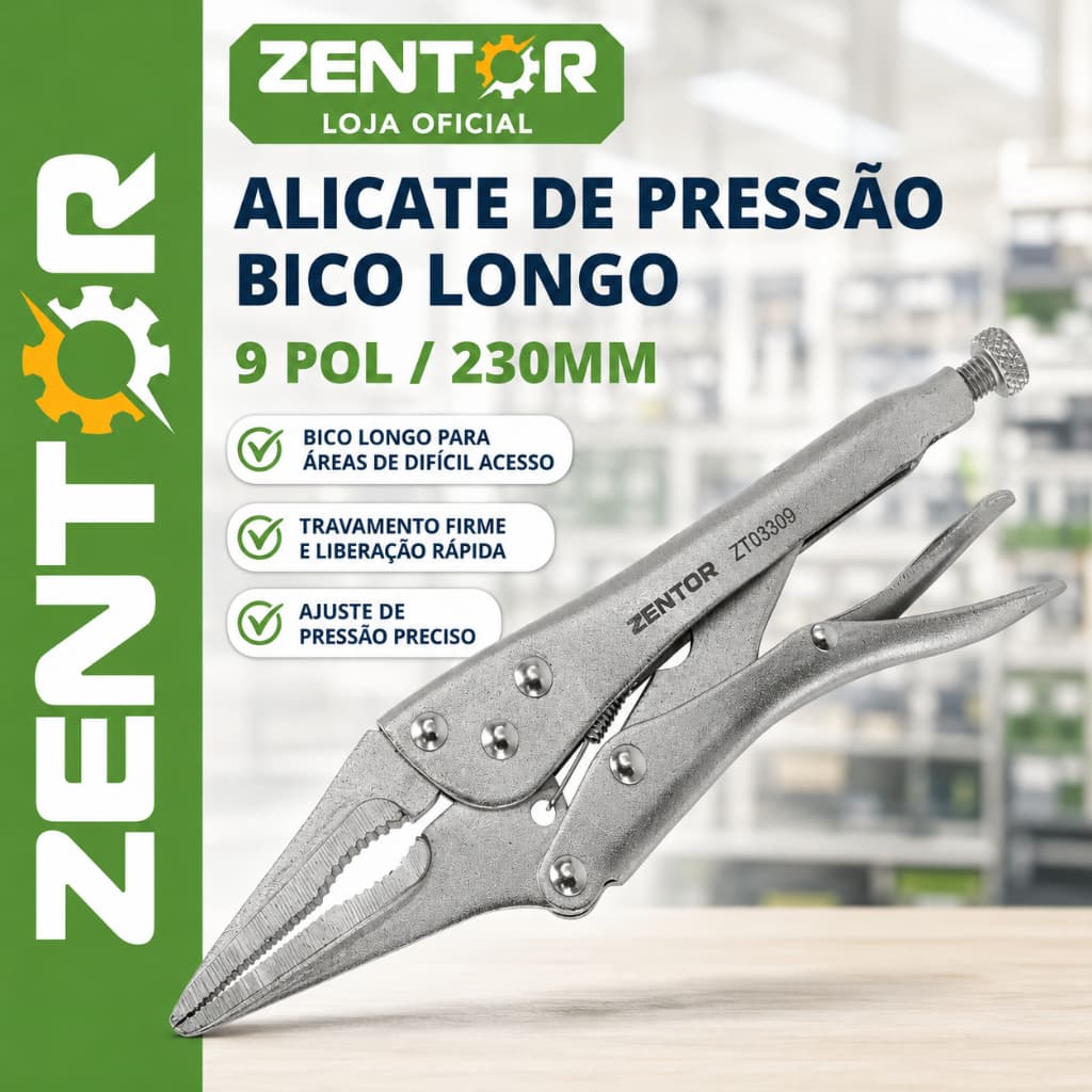 Alicate de Pressão Bico Longo 9 Polegadas Meia Cana Inox DELI ZENTOR