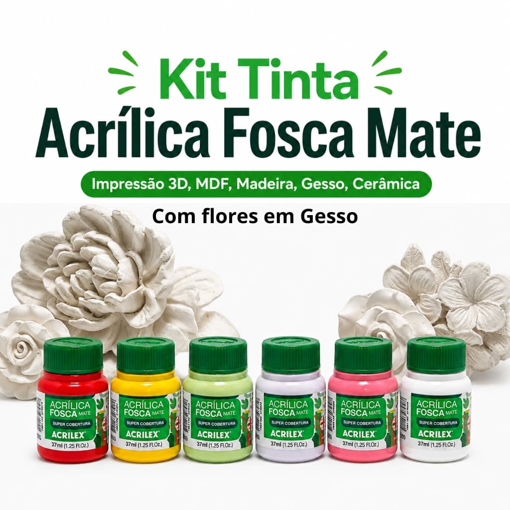 Kit Tinta Acrilica Fosca Mate 6 cores Acrilex 37ml Gesso MDF Artesanato Impressao 3D PLA PETG ABS