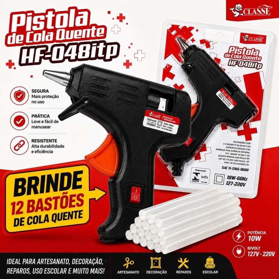 Kit Pistola de Cola Quente Bico Fino Classe HF-038itp Bivolt 127/220V 10W Para Artesanato e Reparos + 12 bastões refil