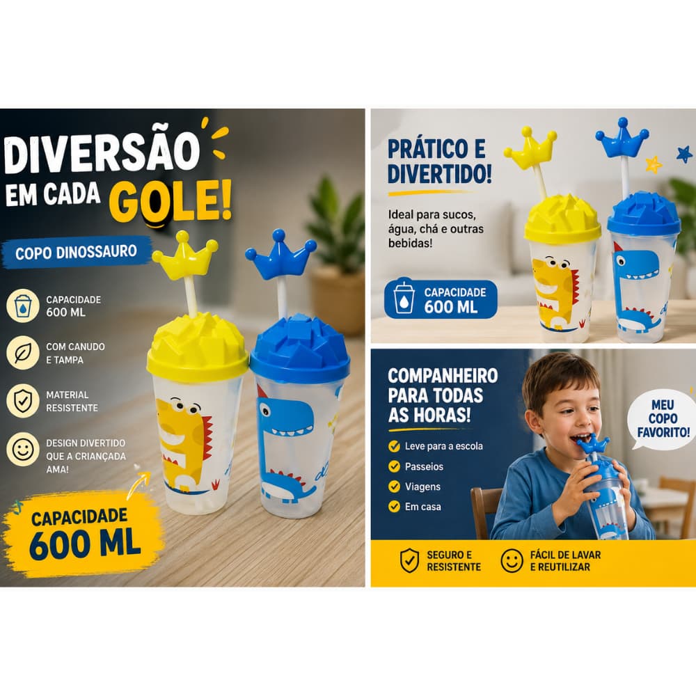 Copo Dinossauro Infantil 600ML com Canudo e Tampa