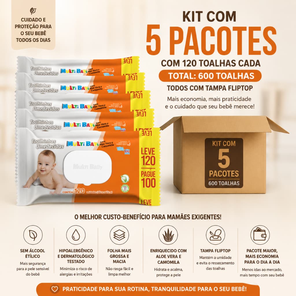 Lenço Umedecido Bebê S Álcool Kit 5 Pacotes 120 Unidades Aloe Vera Lanolina Pele Sensível Multi Baby