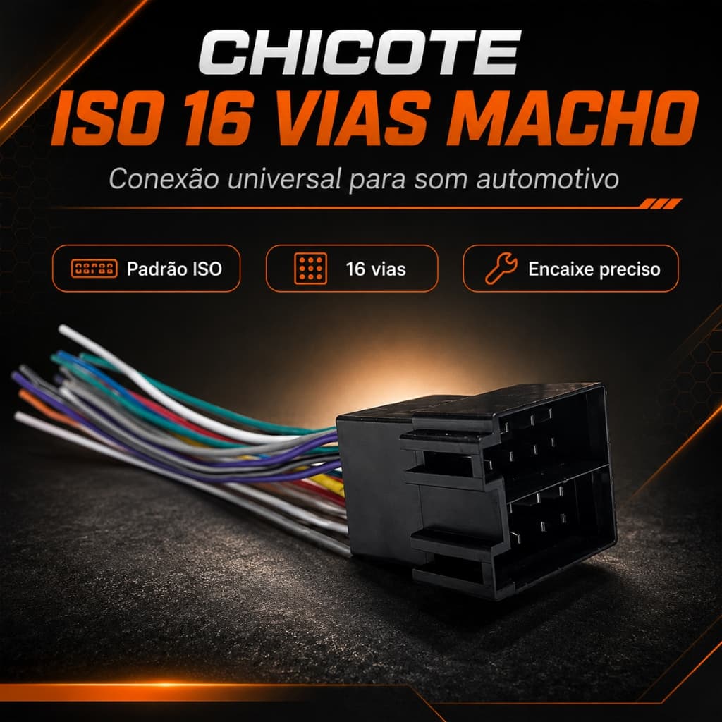 Chicote ISO 16 Vias Macho Universal Para Rádio Som Automotivo Multimídia Instalação Adaptador Ca