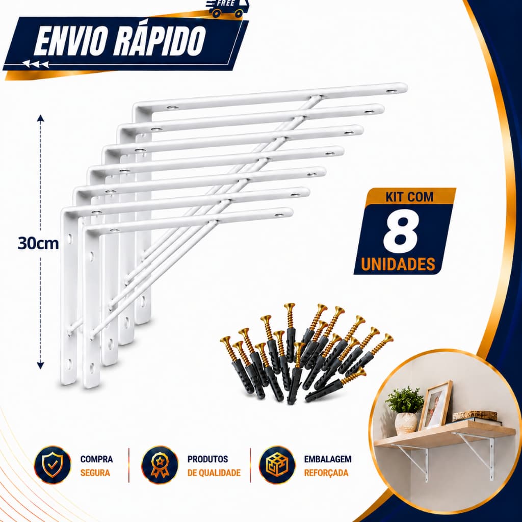 Kit 8 Suporte Mão Francesa Prateleira 30cm Branco WRD Girotoy + parafuso + bucha
