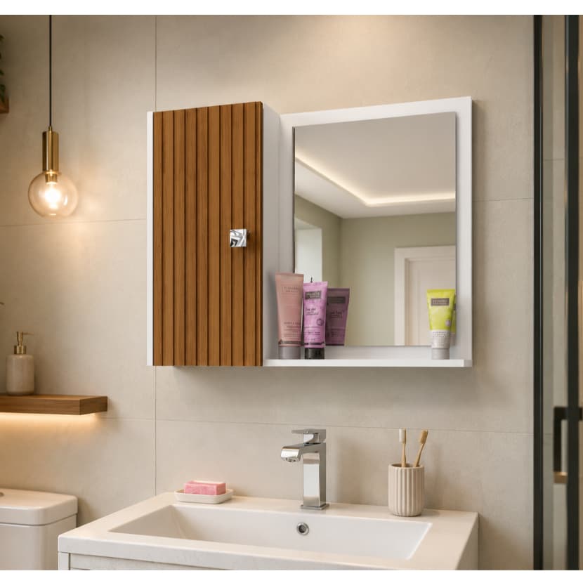 * PROMOÇÃO * Armário Banheiro Com Espelho 1 Porta Nichos Divisórias Moderno Funcionalidade Compacto