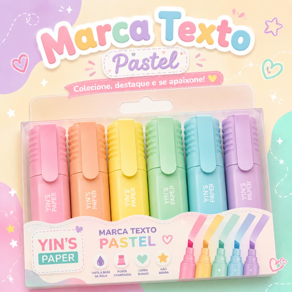 Marca Texto Tons Pasteis Kit 6 Unidades Caneta Grifadora Cute Estudo Escritorio Papelaria Fofa Mini