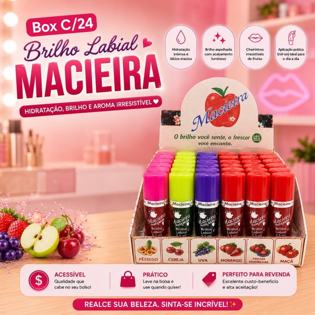 Box C/30 Brilho Labial Infantil Macieira - Gloss Labial Infantil Atacado Frutas Envio Imediato!