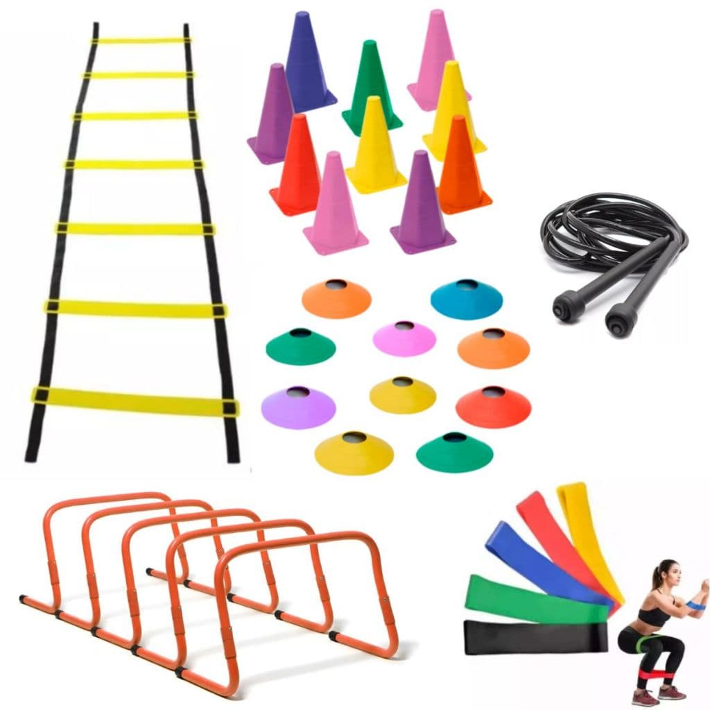 Kit 10 Chapeus 10 Cones 1 Escada Treino Funcional Completo 1 Corda Pvc 5 Barreiras 5 Mini Bands