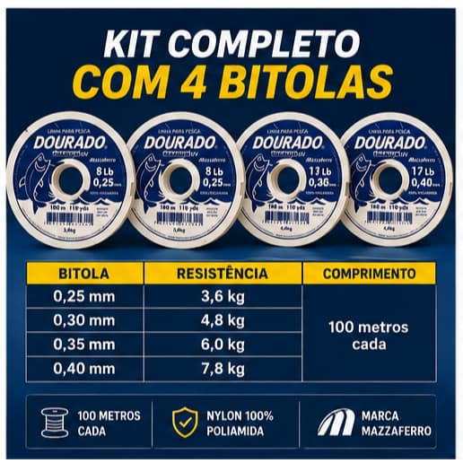 Kit Linha de Pesca Monofilamento 100mm com 4 bitolas 0.25/0.30/0.35/0.40mm Dourado Premium UV