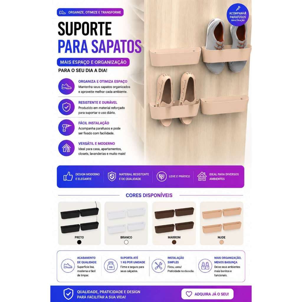 Suporte Organizador de Calçados para Parede Kit com 4 unidades
