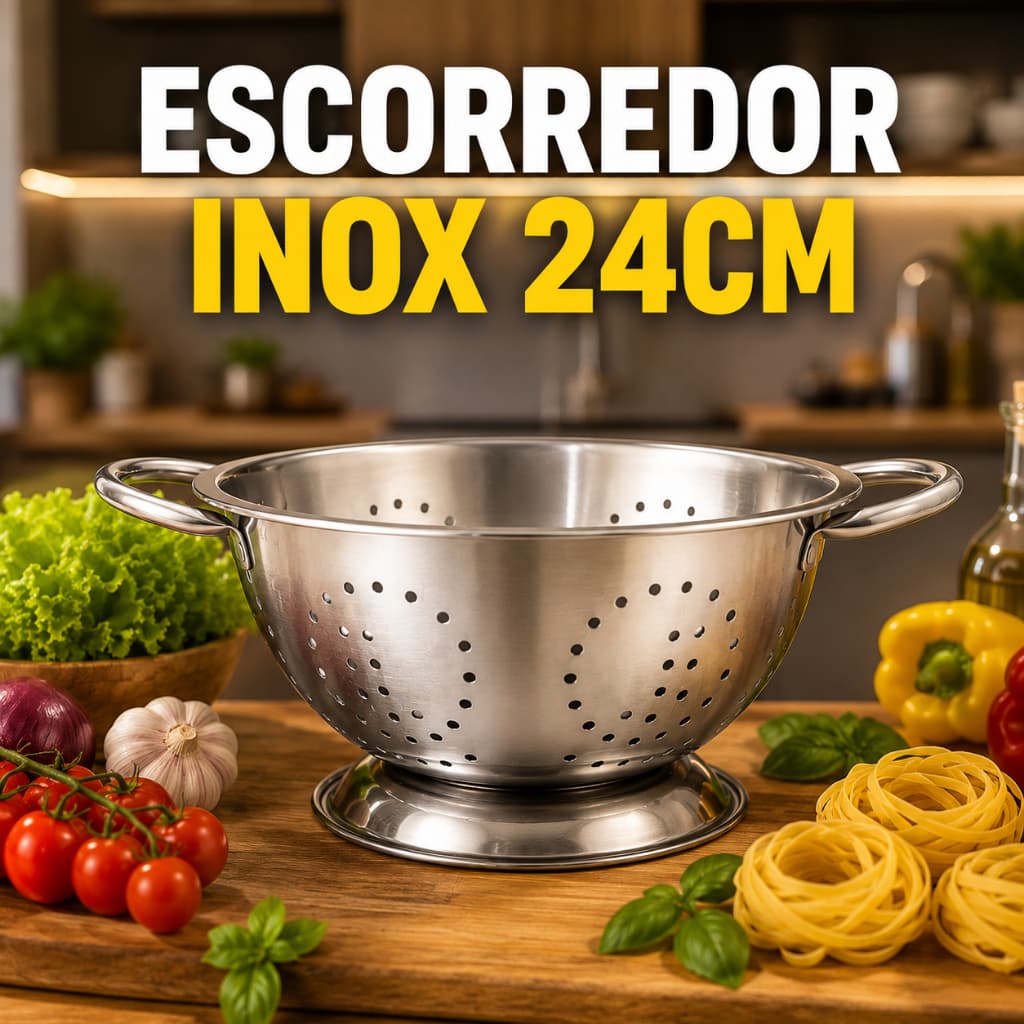 Escorredor de Massas Macarrão Inox 24cm Com Alças Coador de Alimentos Cozinha