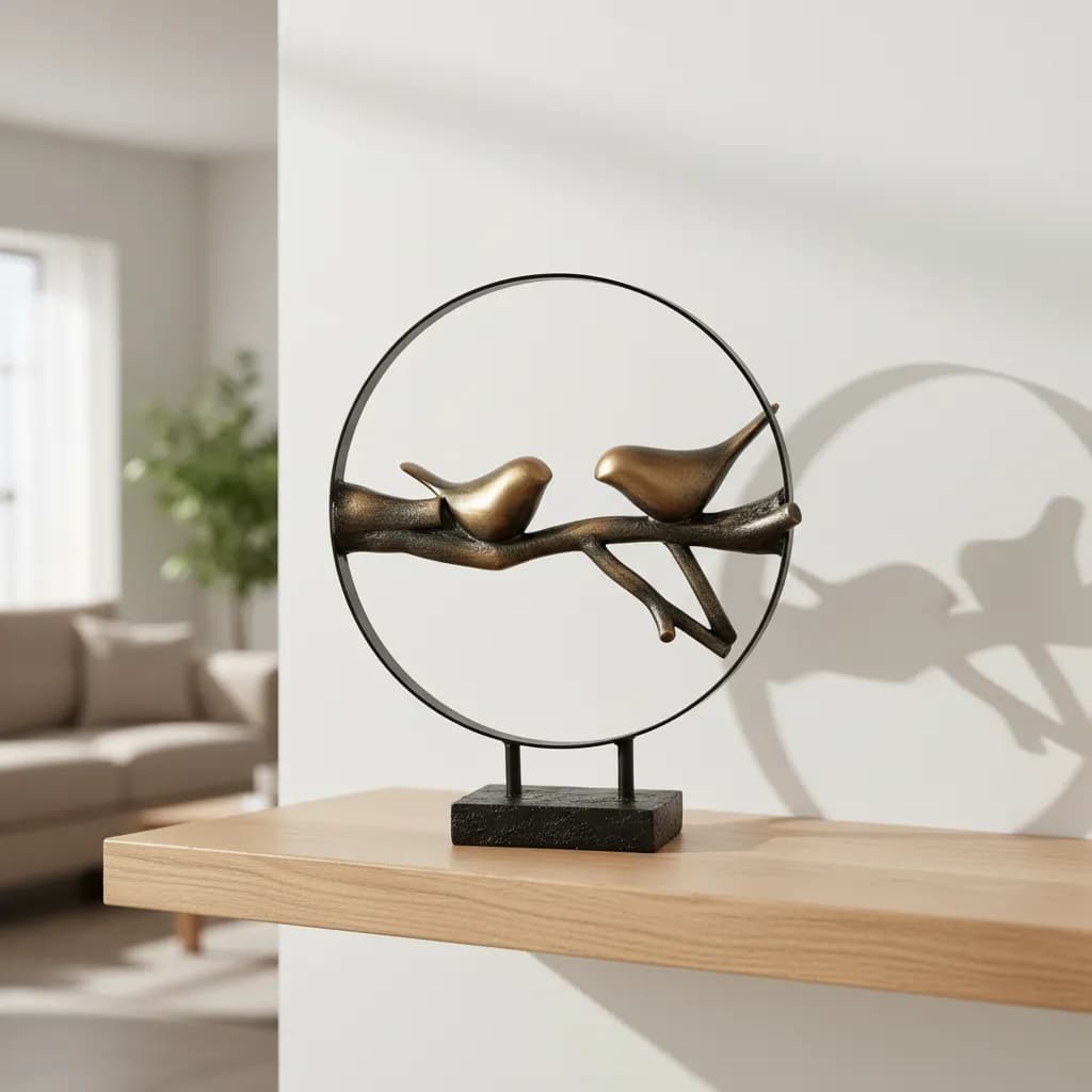 Escultura De Resina E Metal Pássaros Enfeite Bronze 28cm
