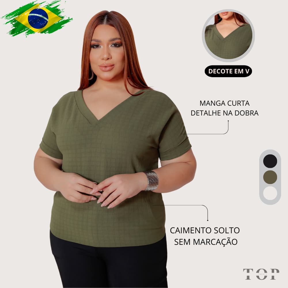 Blusa Feminina  Plus Size Manga Curta Tecido Texturizado com Decote V Caimento Solto
