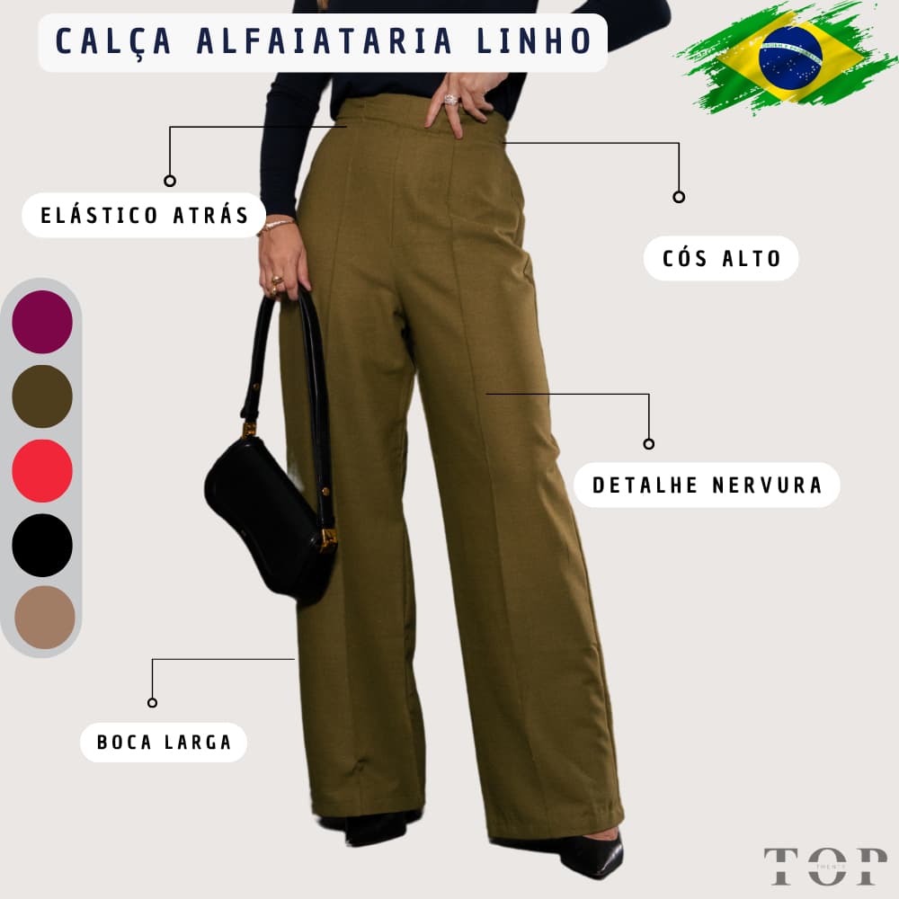 Calça Feminina Pantalona Linho Alfaiataria Cintura Alta com Elastico atras