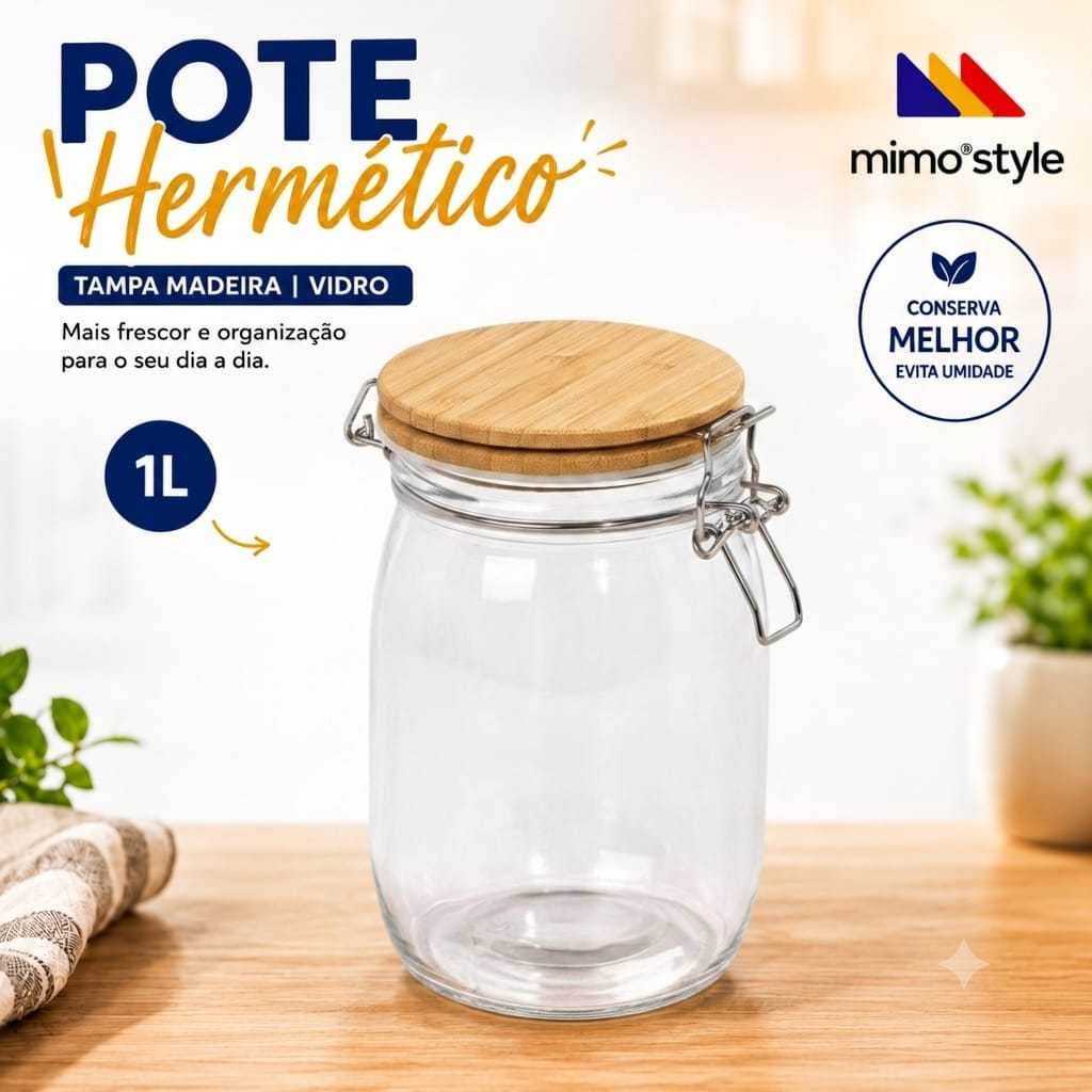 Pote Hermético Com Trava Tampa Madeira 1 Litro Mimo Style