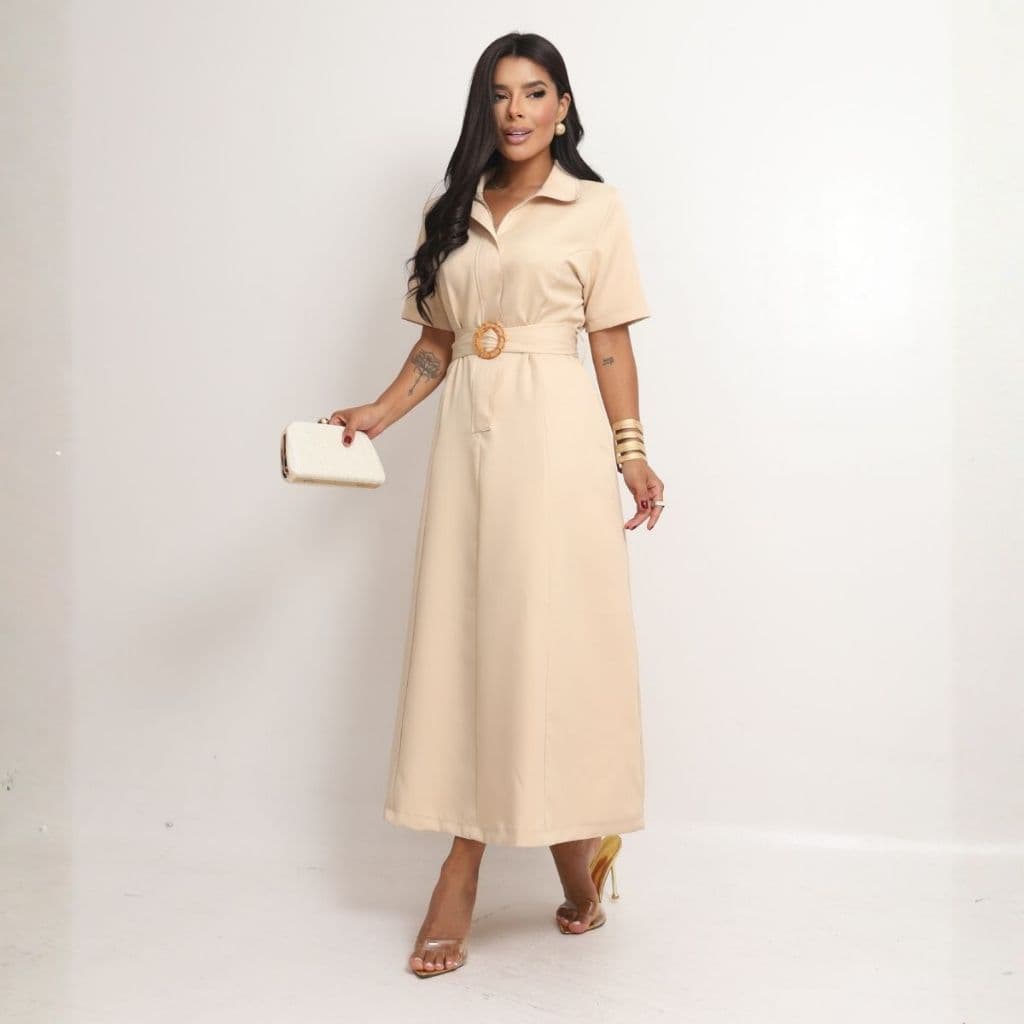 Vestido Feminino Midi Alfaiataria Manga Curta Com Cinto Moda Evangélica Social Elegante Soltinho