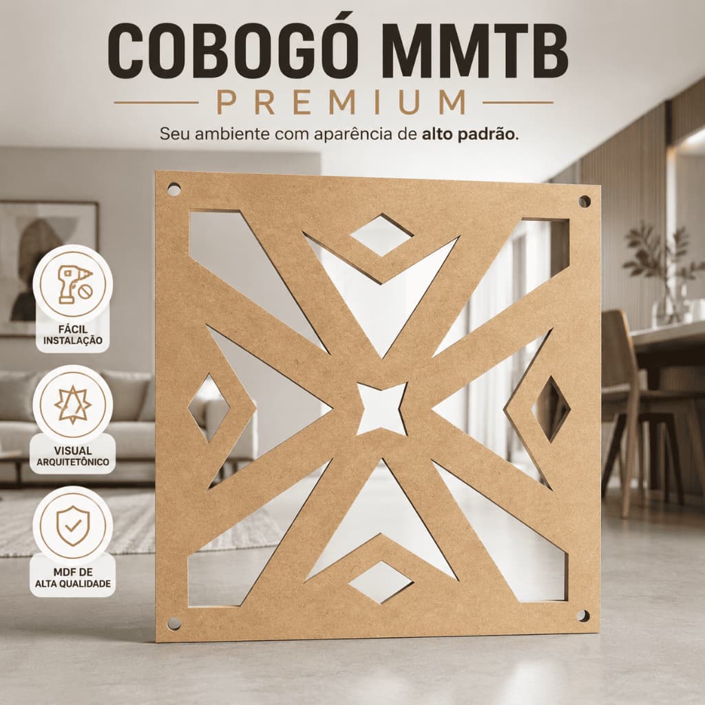 Kit 12 Placas Mdf Modulo Divisoria Ambiente Painel 3mm Elemento 29cm Vazado Cobogó Cor Cru Armação