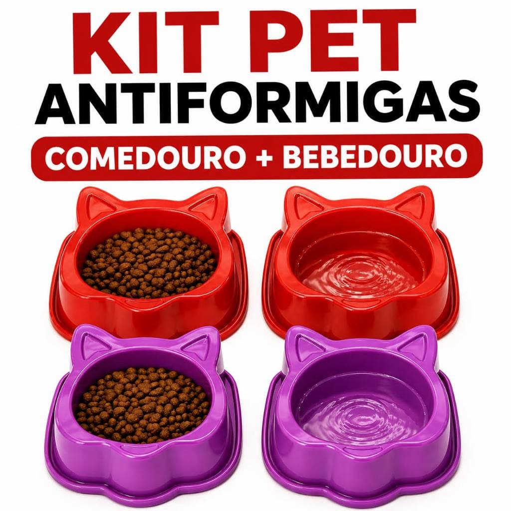 Kit Comedouro e Bebedouro para Gato Antiformigas Design Cara de Gato Pet Resistente e Fácil Limpeza