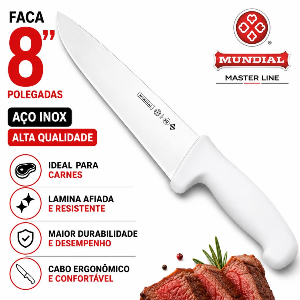 Faca Carne 8 Polegadas Chef Master Line Aço Inox Branca ALTA QUALIDADE - Mundial