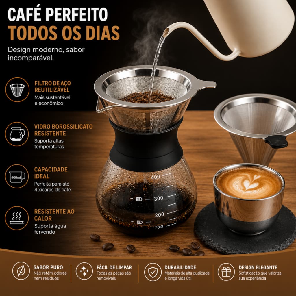 Cafeteira Coador de Café Com Filtro Inox e Vidro 400ml