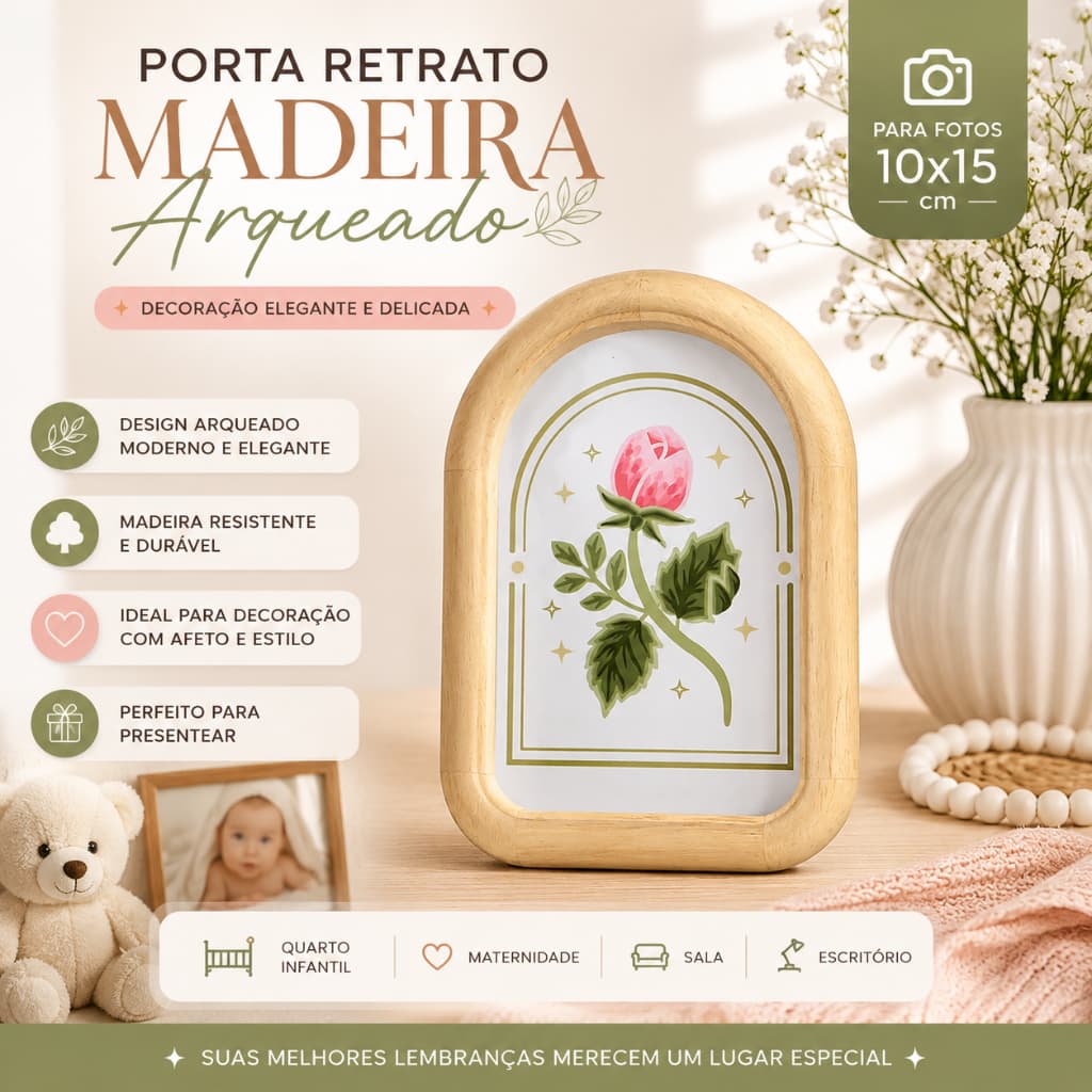 Porta Retrato Madeira Arqueado 10x15 Decorativo Infantil