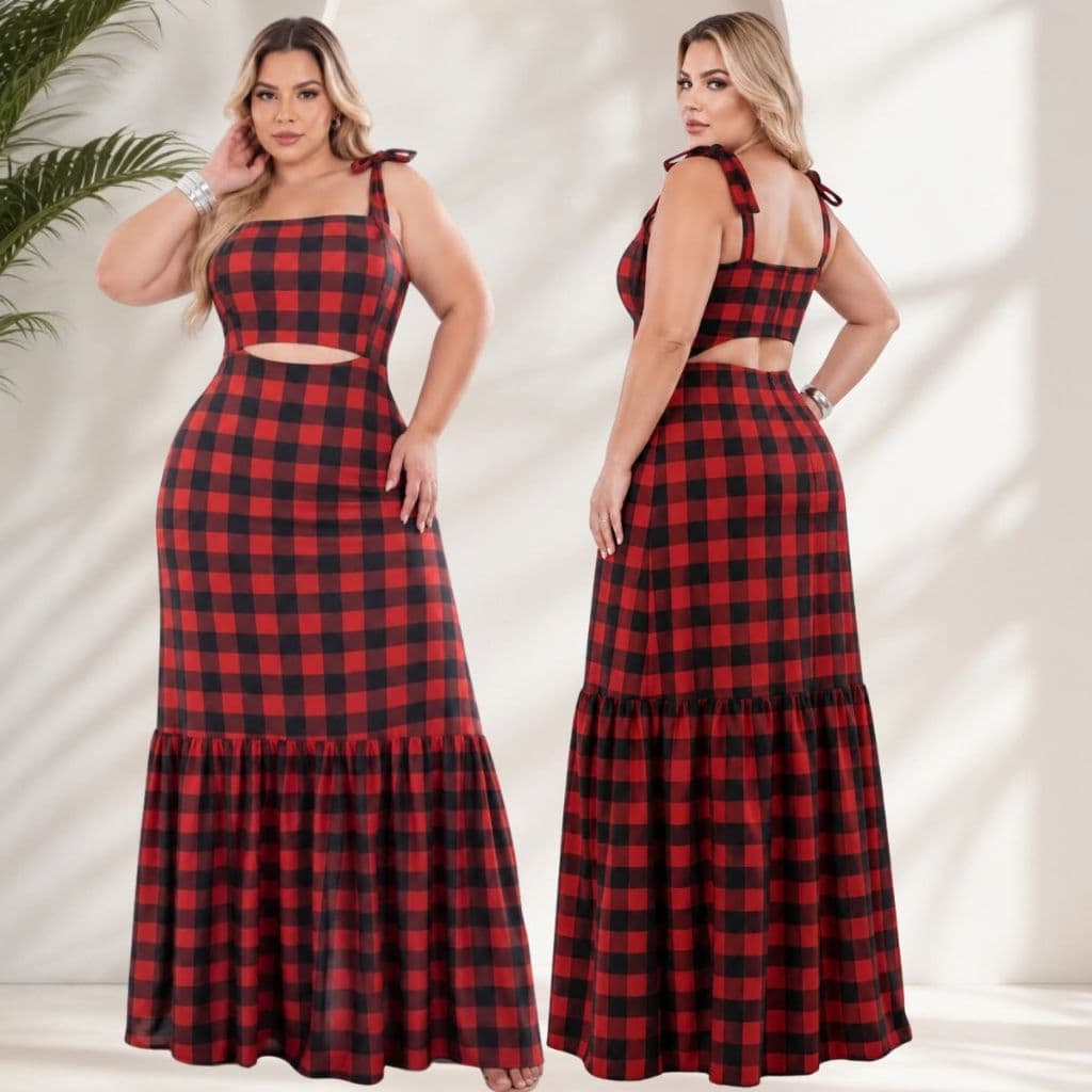 Vestido Longo Plus Size Xadrez Vermelho e Preto Recorte Cintura Elegante do 46 ao 52 Alças Ajustáveis Festas Junina Chic