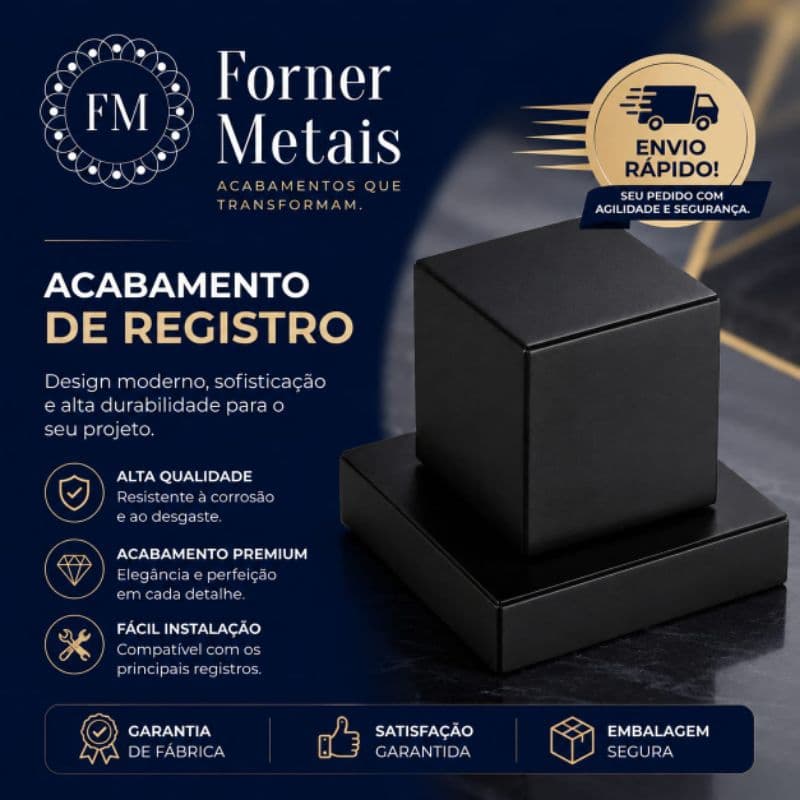 Acabamento Quadrado para Registro Padrão Deca em Metal – Preto | Acabamento para Banheiro
