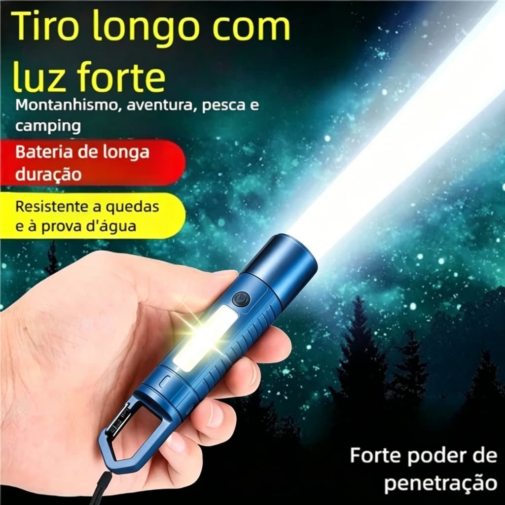 Lâmpada LED Solar Com Gancho, Lanterna Tática Recarregável, Zoom e 4 Modos, À Prova D'água