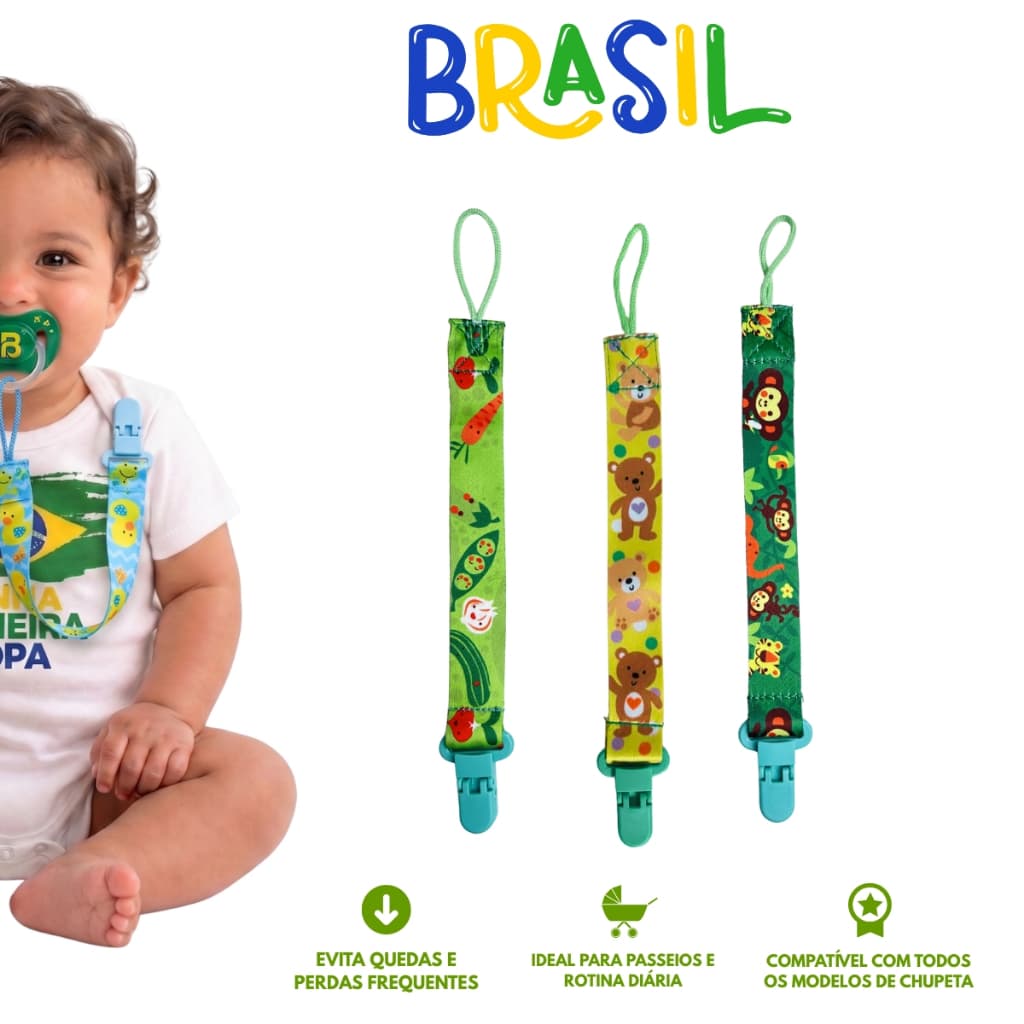 Kit 3 Prendedores de Chupeta Universal Chuca Bebê Tema Copa do Mundo Infantil