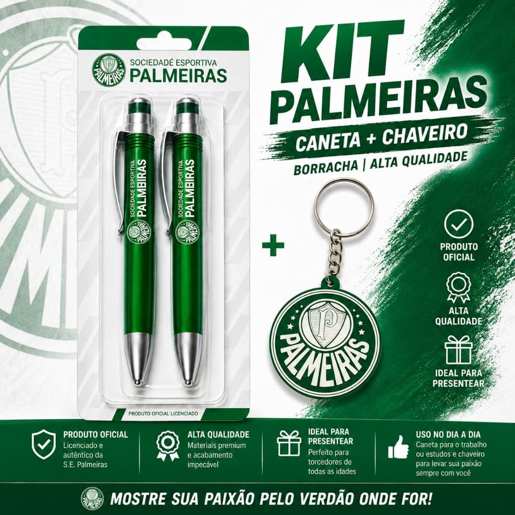 Kit Presente Palmeiras Oficial Caneta + Chaveiro Borracha Premium Torcedor Verdão Envio Rápido