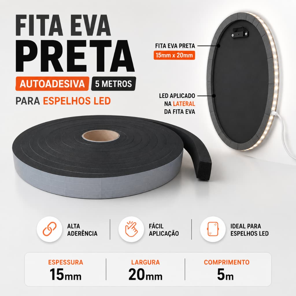 Fita Eva Preto Autocolante 1 Lado 15mm X Larg 2cm X 5 Mts