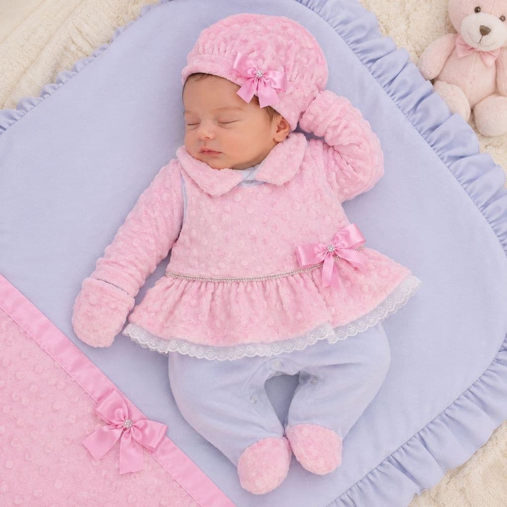 Saída Maternidade Para Menina Booble Soft Rosa Luxo 4 Peças Quentinha Bebê