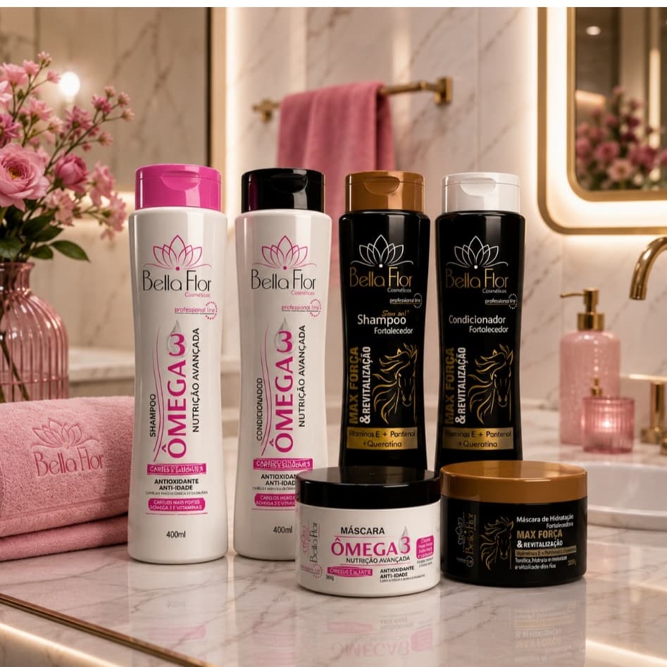 2 Kits Capilares Ômega 3 e Força 6 Produtos Shampoo Condicionador Máscara Bella Flor Hidratação Brilho Profissional