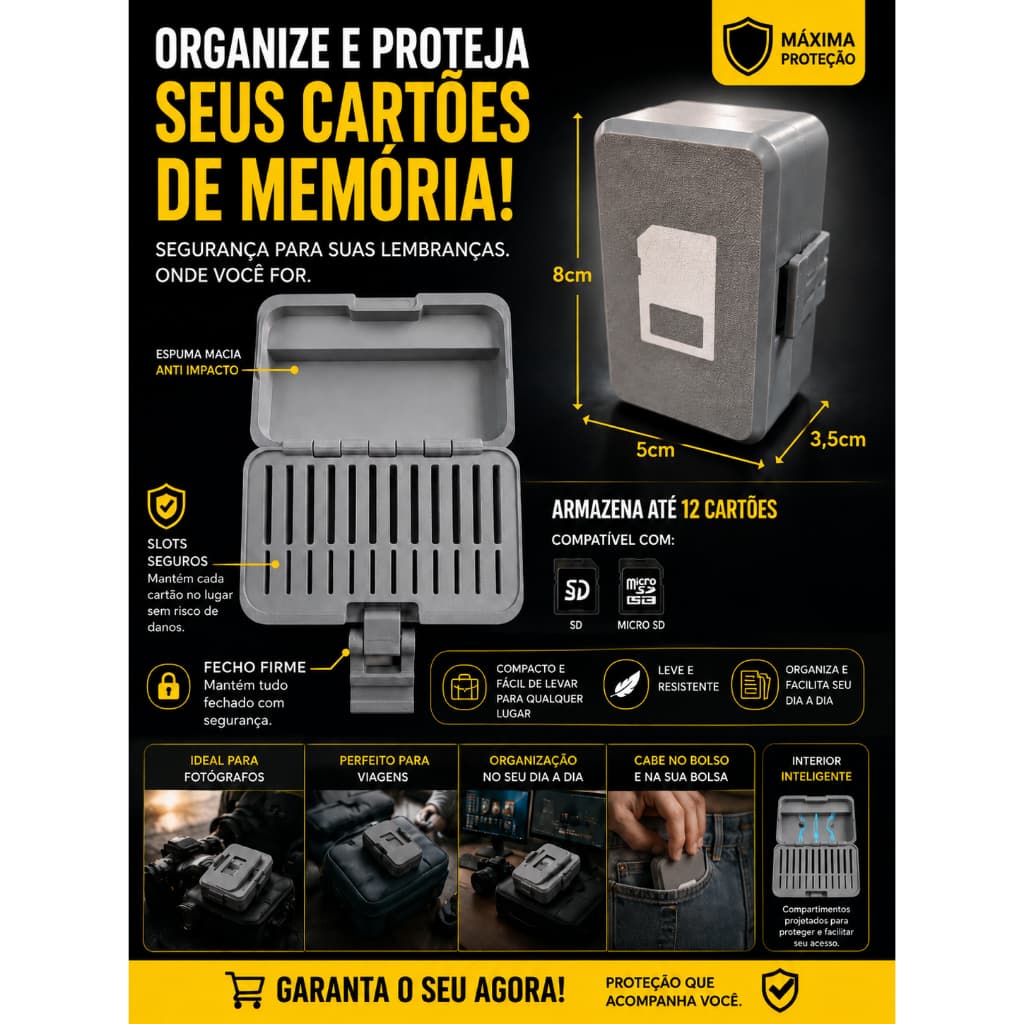 Estojo Porta Cartão de Memória SD e Micro SD Impressão 3D PLA Organização Prática para Fotógrafos e Videomaker
