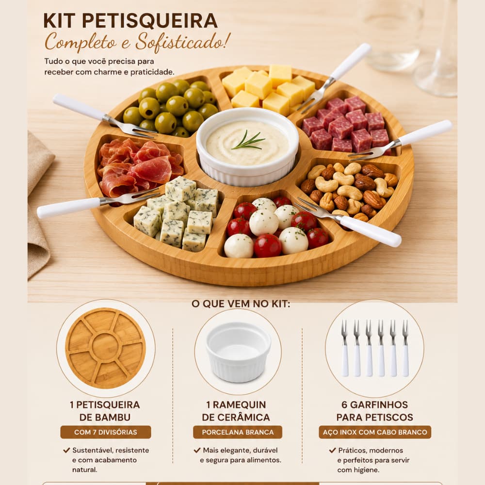 Petisqueira Redonda Para Frios Queijo Com Molheira Ramekin e Garfinhos para Petiscos kit
