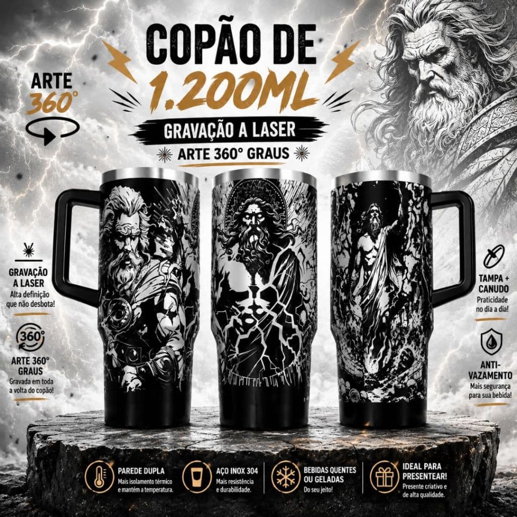 Copo Térmico 473ml com arte 360º graus ARTE a Laser Tema: ZEUS tampa e parede dupla IDÉIAS DE PRESENTE