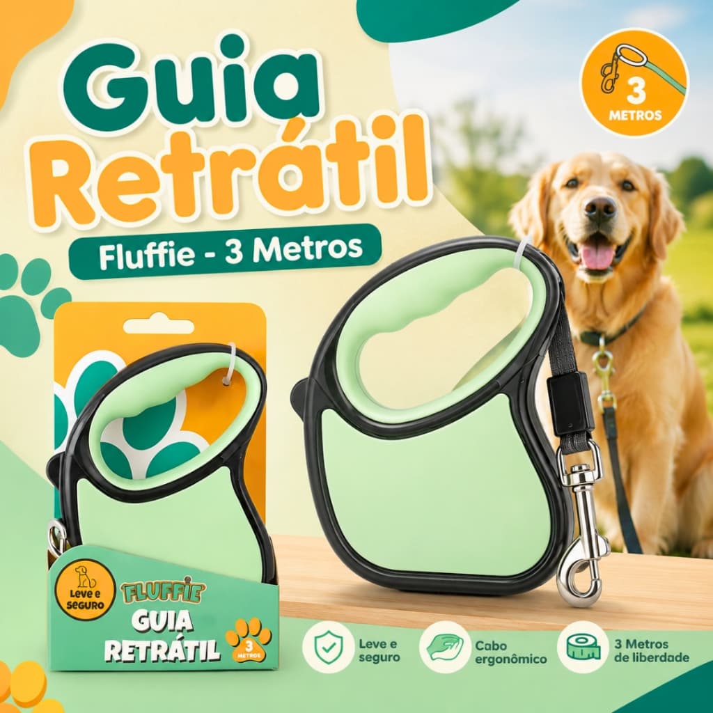 Guia Retrátil 3 Metros Para Cachorros Até 20kg Verde