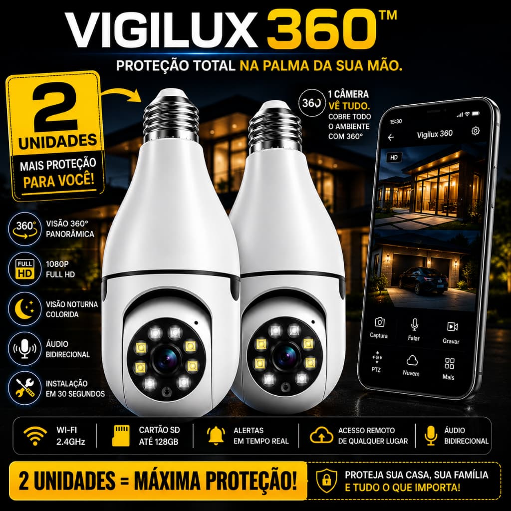 2 Câmera Lâmpada WiFi 360° Full HD Visão Noturna Áudio Bidirecional Monitorada Pelo Celular - 2 Unid
