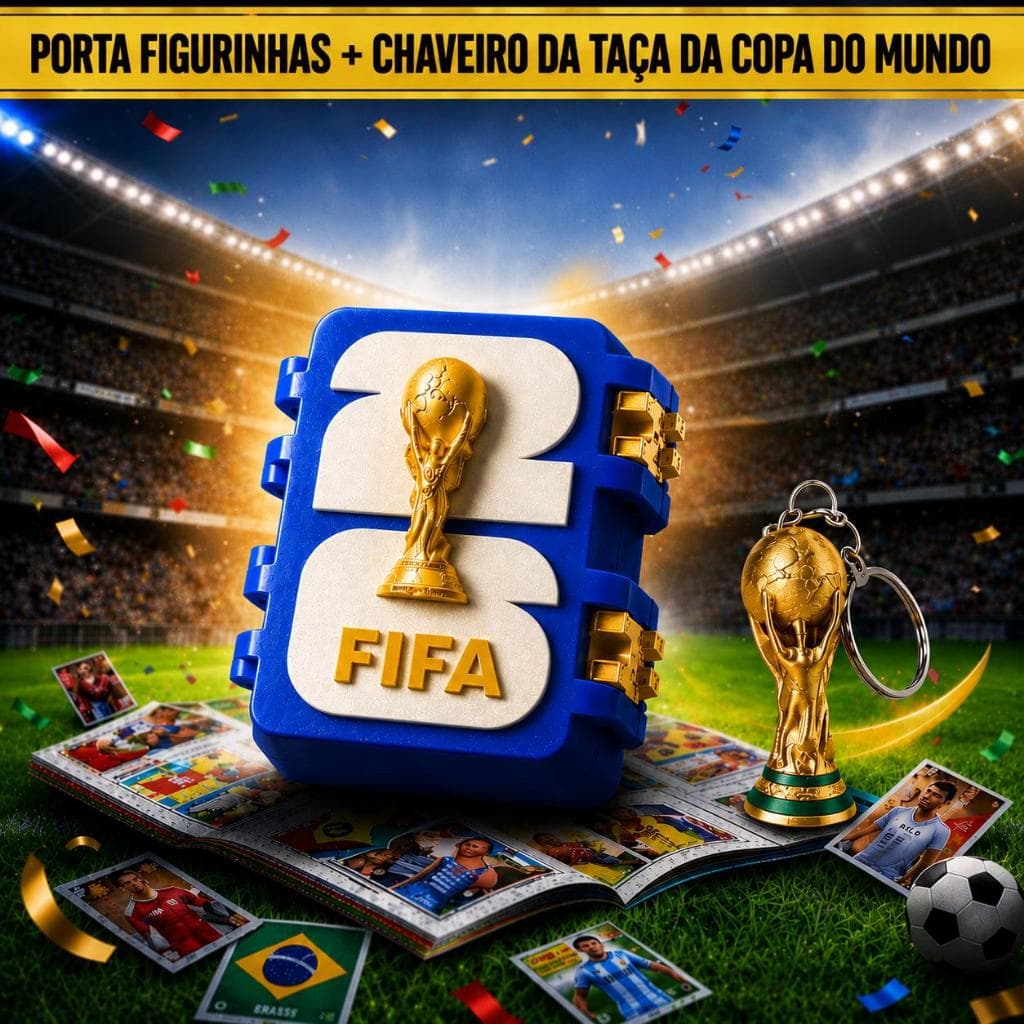 Porta Figurinhas Copa 2026 e Chaveiro da Taça Estojo Caixa Organizador Compacto Armazenamento Album