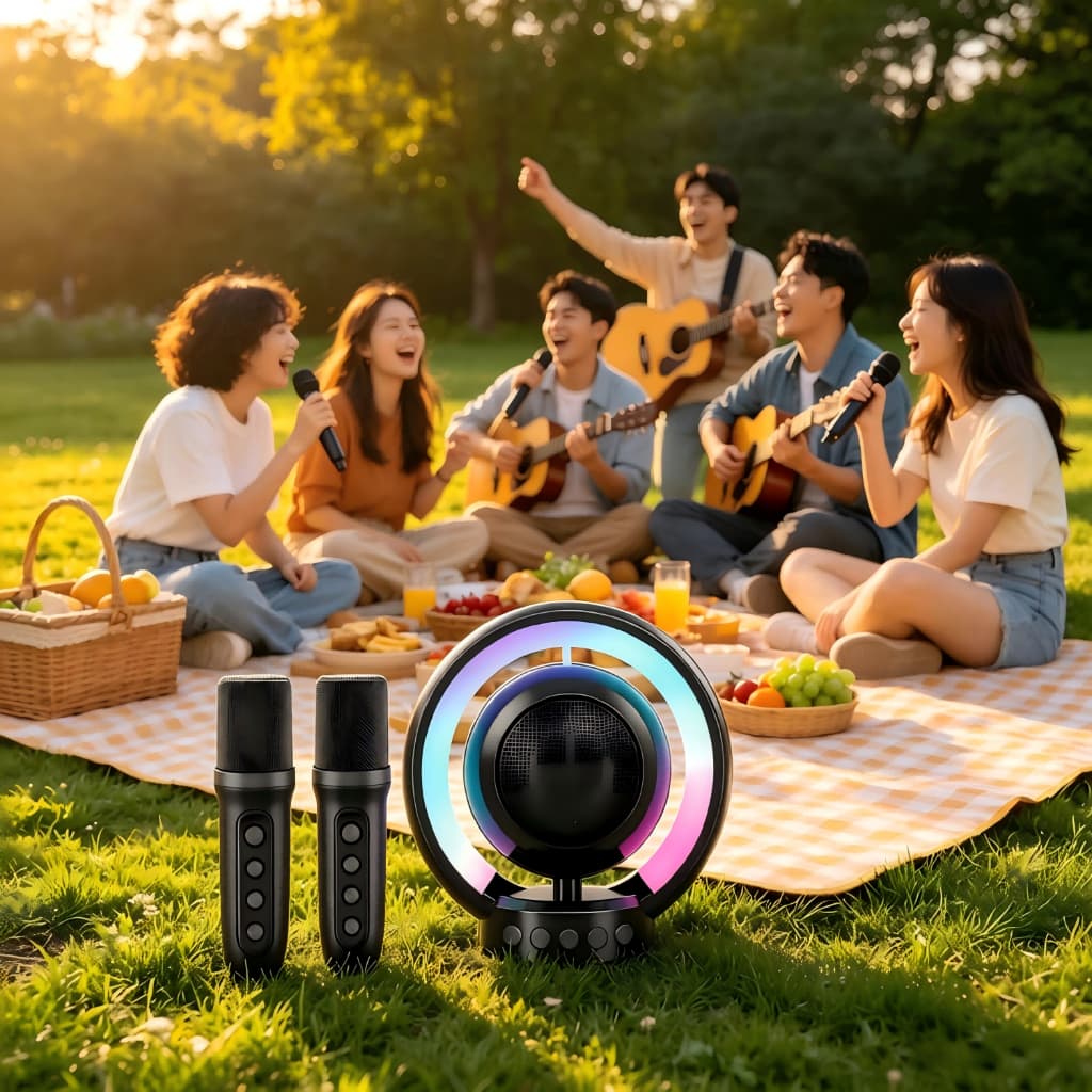 Esta máquina de karaokê portátil possui alto-falantes, dois microfones, iluminação ambiente RGB e uma mini caixa de músi