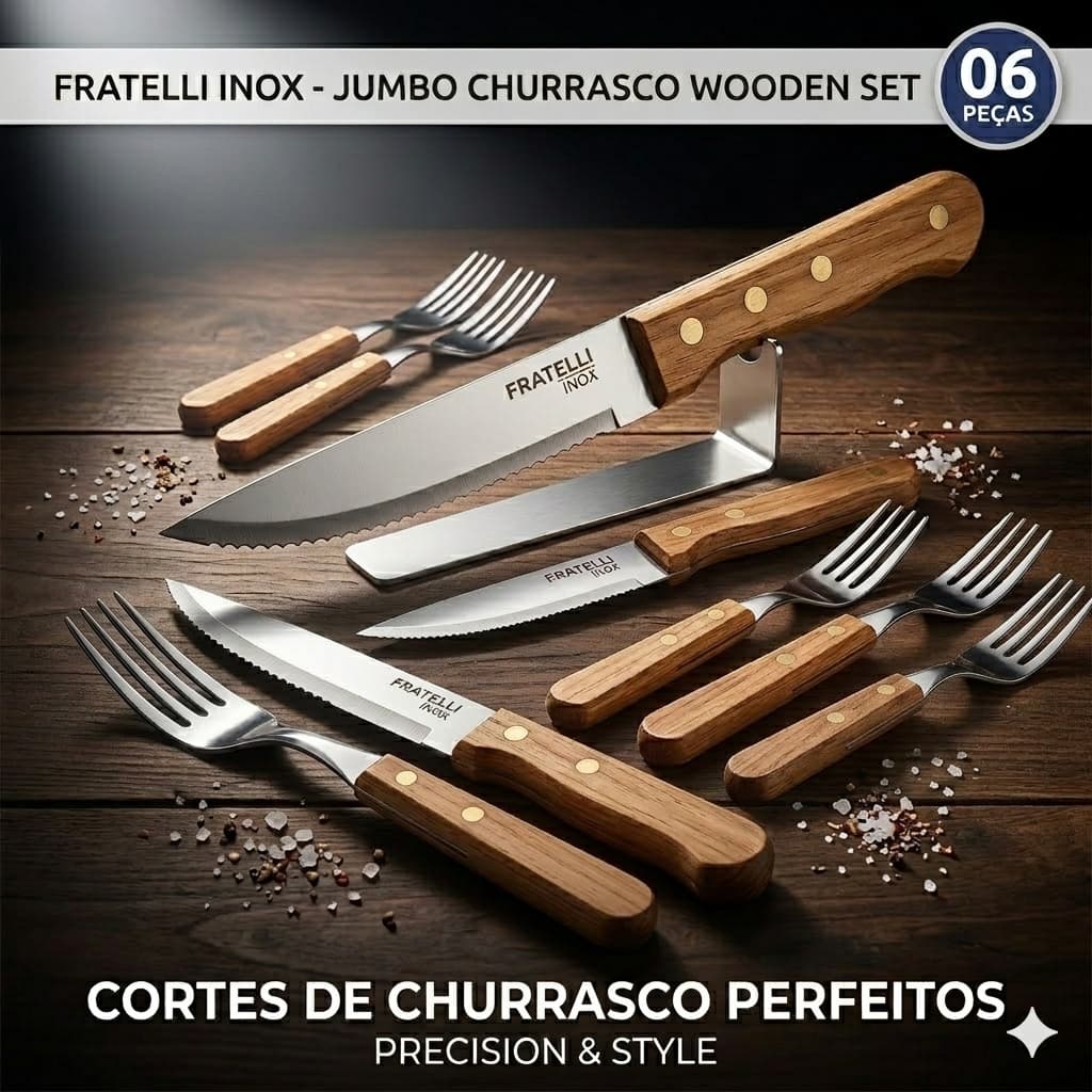 Kit Talheres Churrasco Cabo Madeira Inox 6 Pecas Conjunto Gourmet Grelha Barbecue