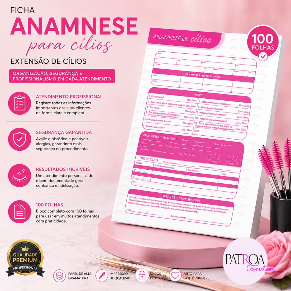 Ficha Anamnese Extensão Alongamento De Cílios C/ 100 Folhas
