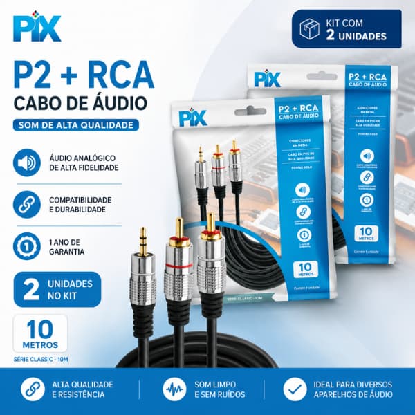 Kit 2 Cabos Áudio P2 x RCA PIX 10 Metros Conectores Metálicos Pontas Gold
