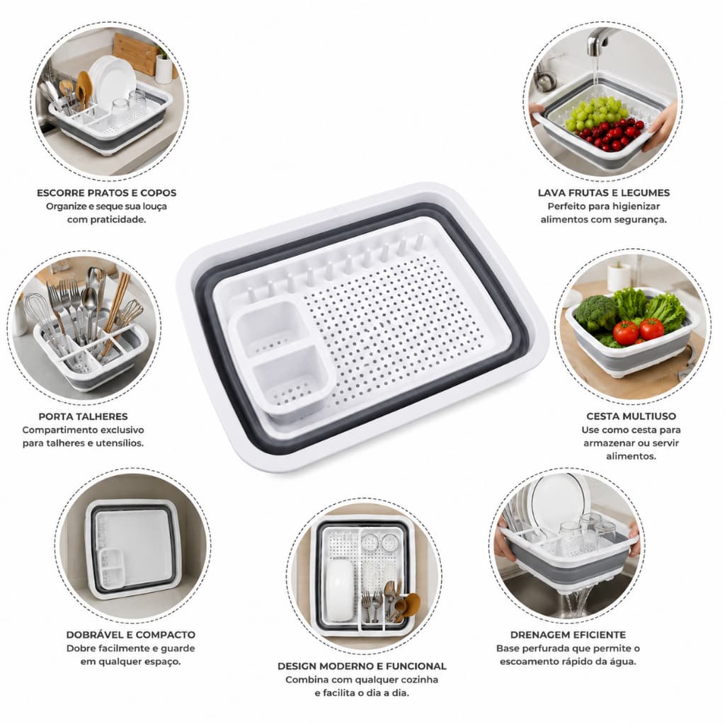 Escorredor de Louça Silicone Dobrável Retrátil para Pia Organizador  Prato Talheres Cozinha Compacta