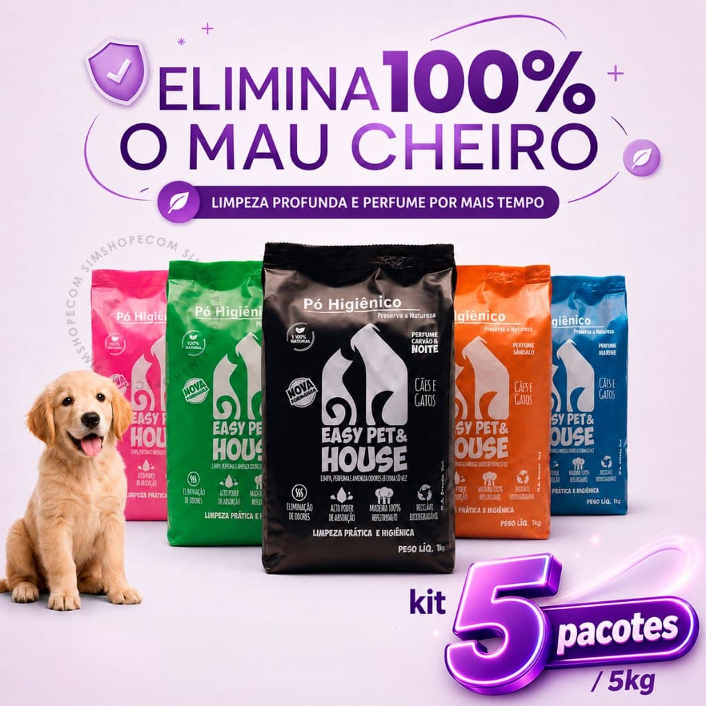 Pó Higiênico Eliminador de Odores Limpeza à Seco Cães e Gatos Antiodor Ação Bactericida 5kg