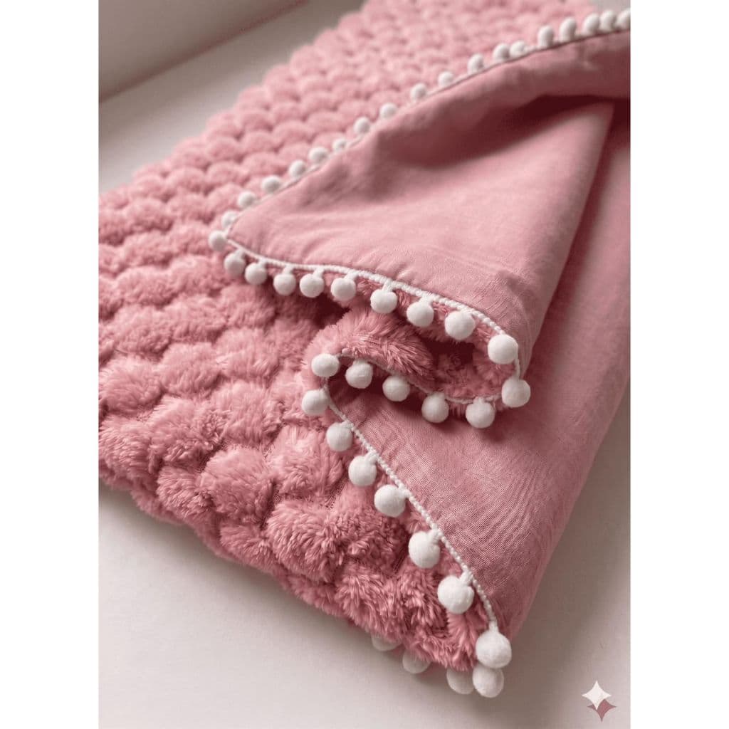 Manta dupla face para bebê plush e liso, acabamento em pompom - Rosa, cinza, palha e verde - Manta premium macia 1mX1m