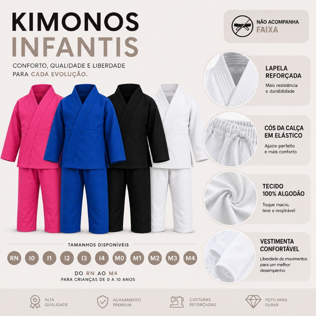 Kimono Infantil Judô e Jiu Jitsu | SEM FAIXA | Do RN ao M4 | Alta Qualidade | Branco, Azul, Preto e Rosa