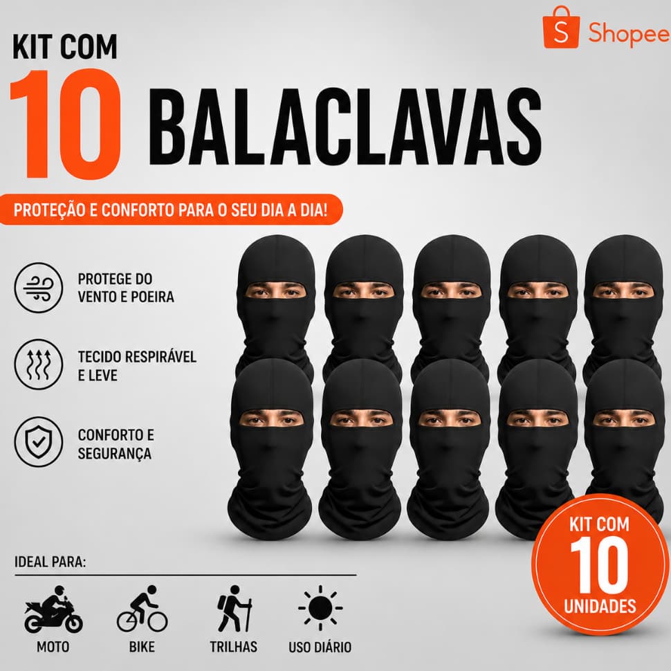 Kit 10 Balaclavas Touca Ninja Proteção Solar Poly UV50+ Respirável - ATACADO