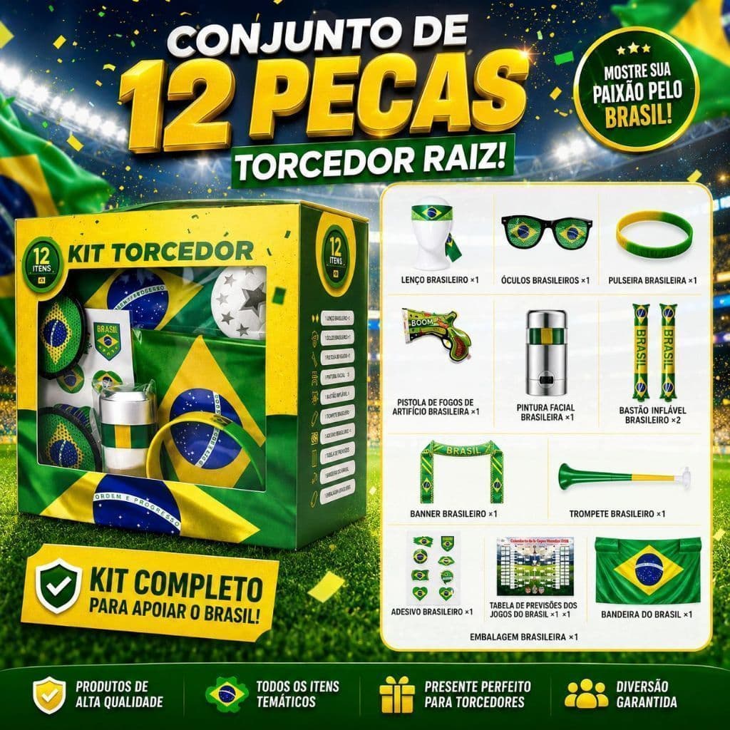 KIT Torcedor Brasil 12 PEÇAS Copa do Mundo — Bandeira Corneta Óculos Faixa Pulseira Festa Torcida